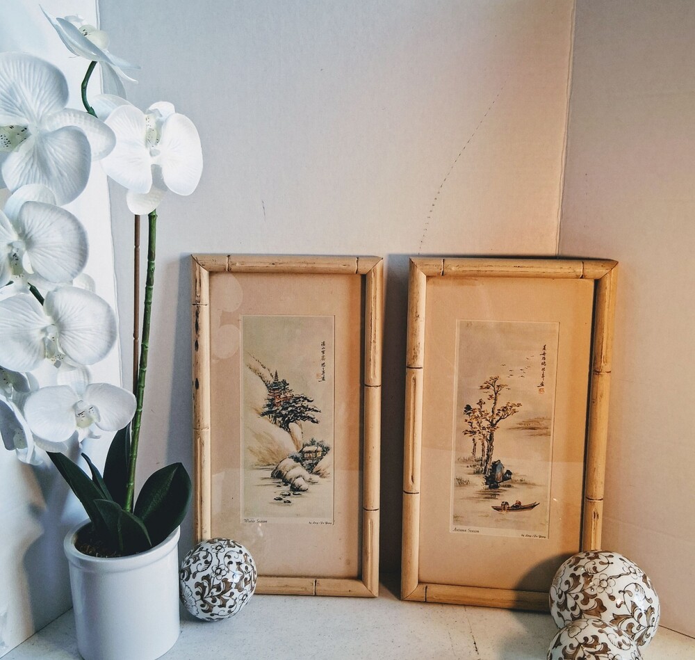 Vtg MCM Ling-Fu Yang Chinese Watercolor Prints Set of 2 Matted/Framed